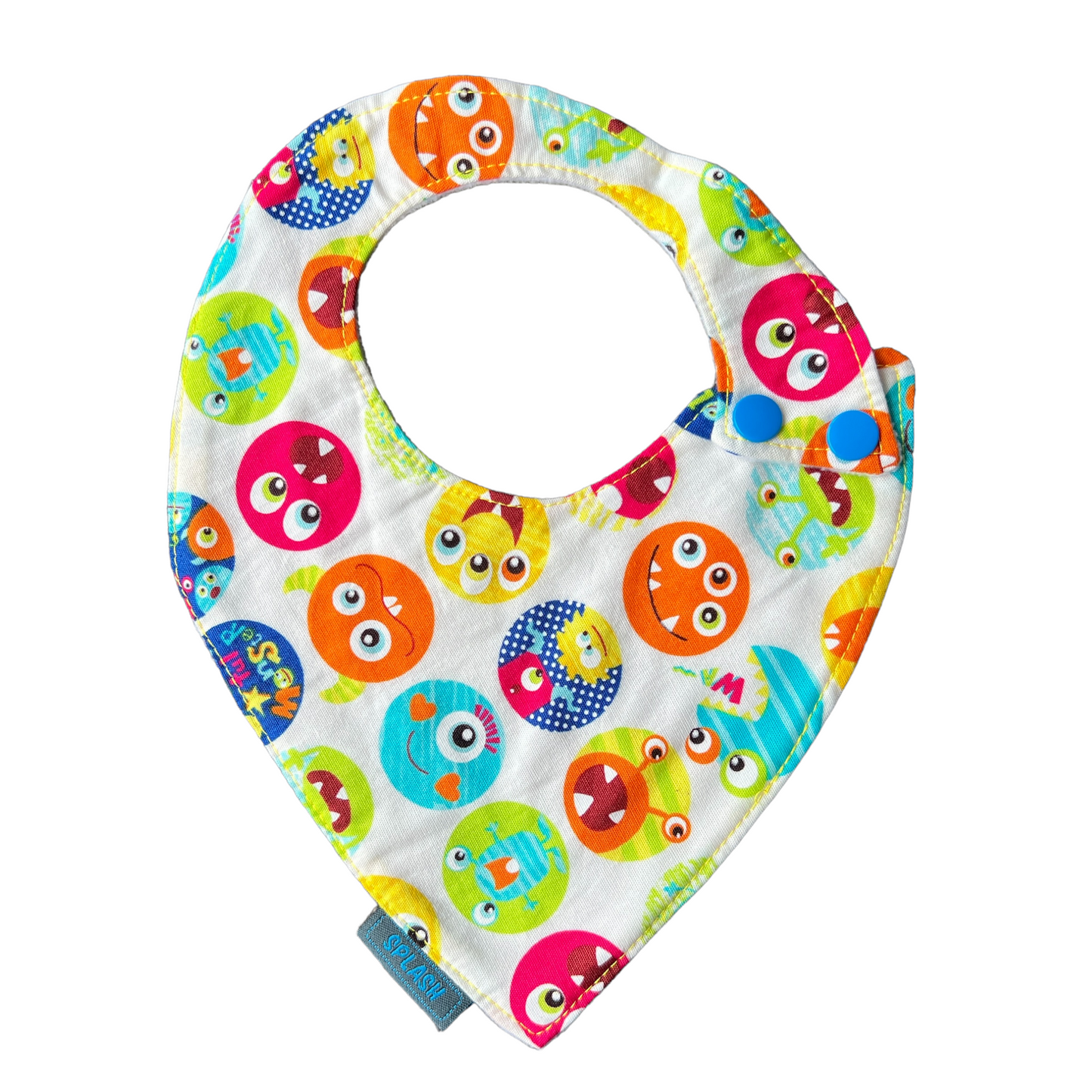 Pointed Side Fastener Bibs (assorted patterns) Bibs Splash Quilting Monsters White