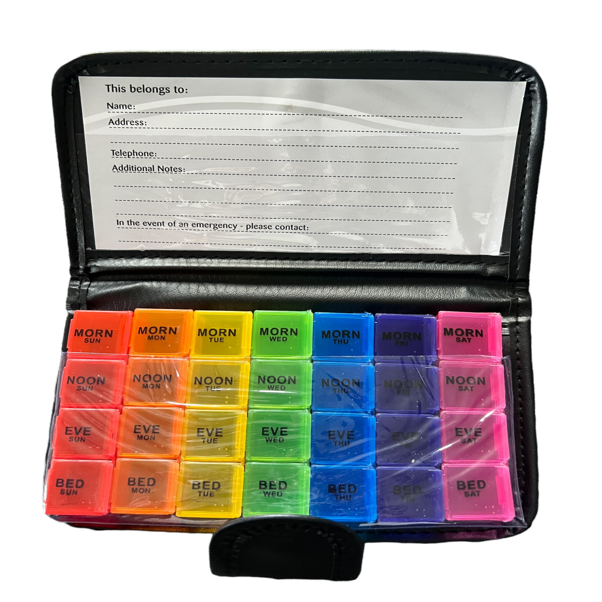 7 Day Pill Box — 4 Doses Daily Leather Case Managing Medications SPIRIT SPARKPLUGS Leather Case