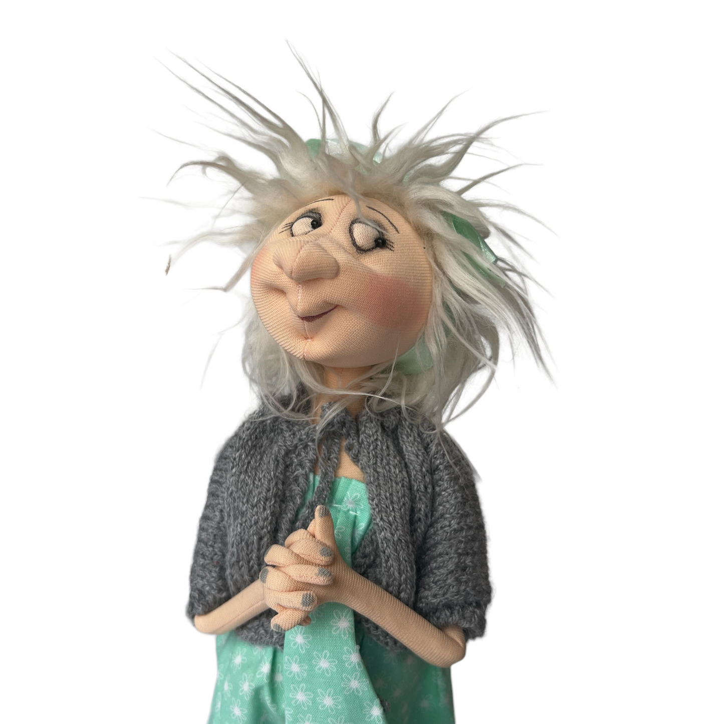 Tina, Sitting Standing Dolls  Splash Quilting Large / Green Dress with Grey Cardy