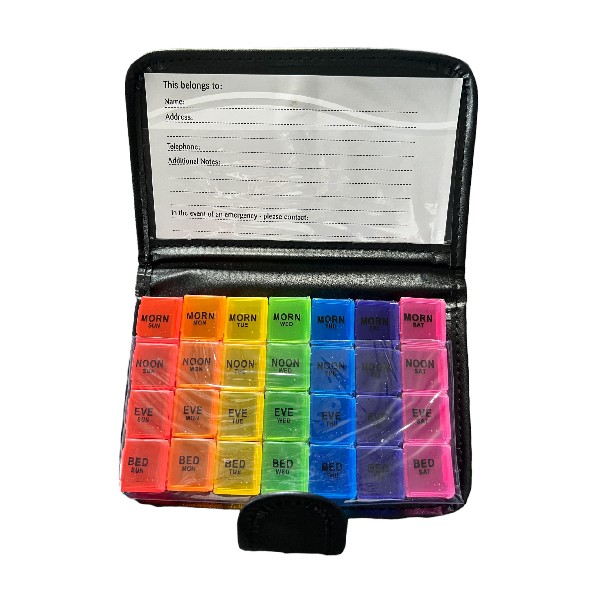 7 Day Pill Box — 4 Doses Daily Leather Case Managing Medications SPIRIT SPARKPLUGS