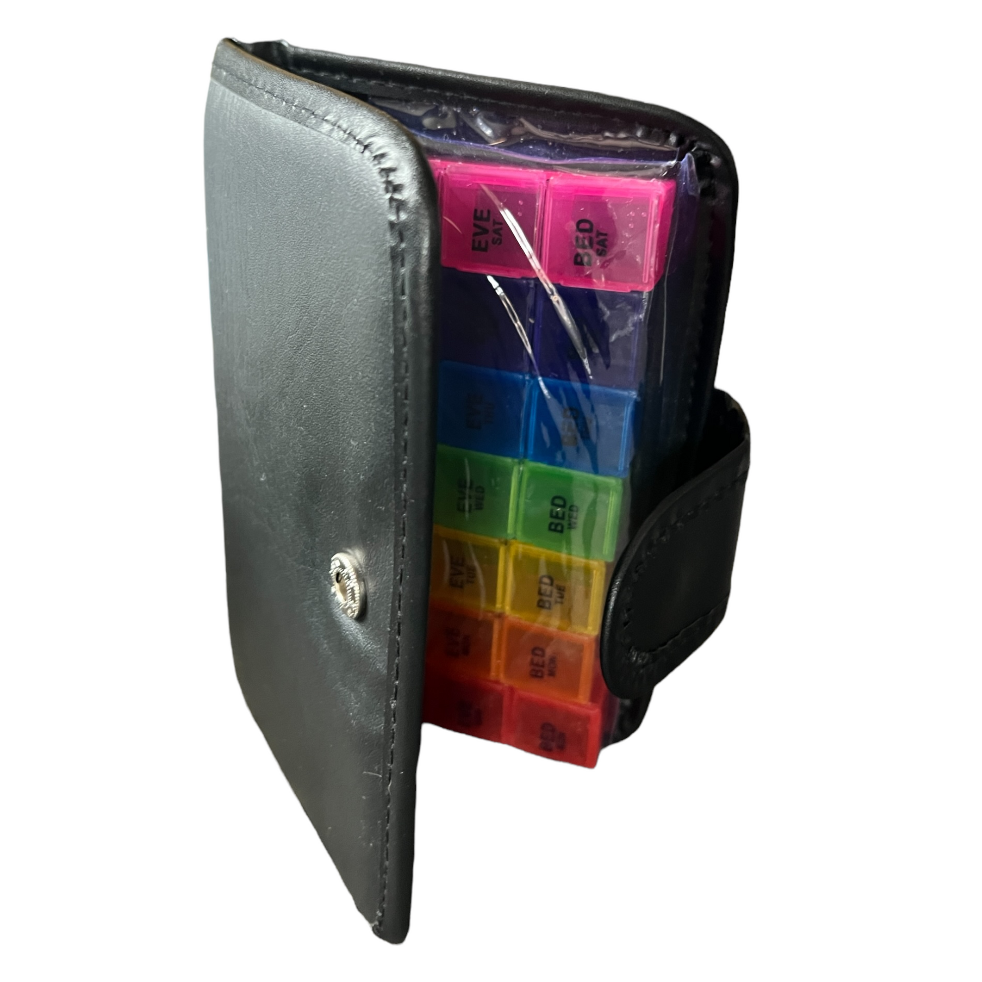 7 Day Pill Box — 4 Doses Daily Leather Case Managing Medications SPIRIT SPARKPLUGS