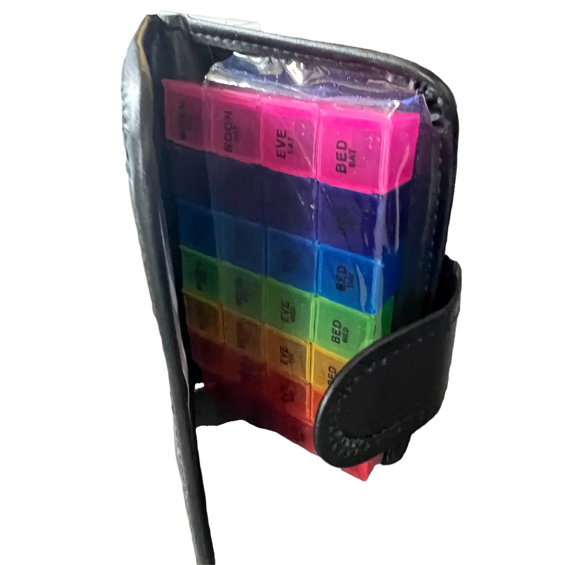 7 Day Pill Box — 4 Doses Daily Leather Case Managing Medications SPIRIT SPARKPLUGS