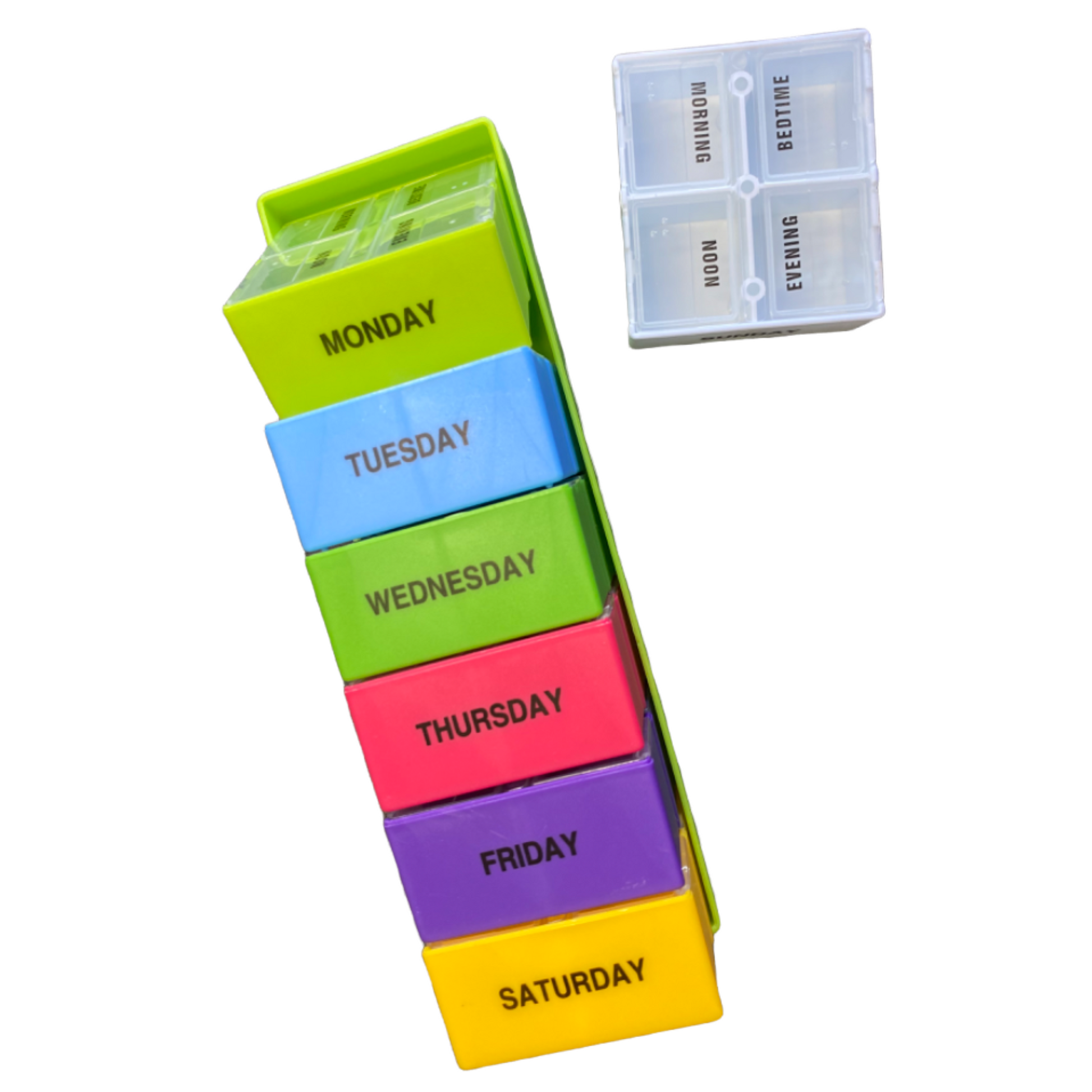 7 Day Pill Box — 4 Doses Daily Square Case Managing Medications SPIRIT SPARKPLUGS